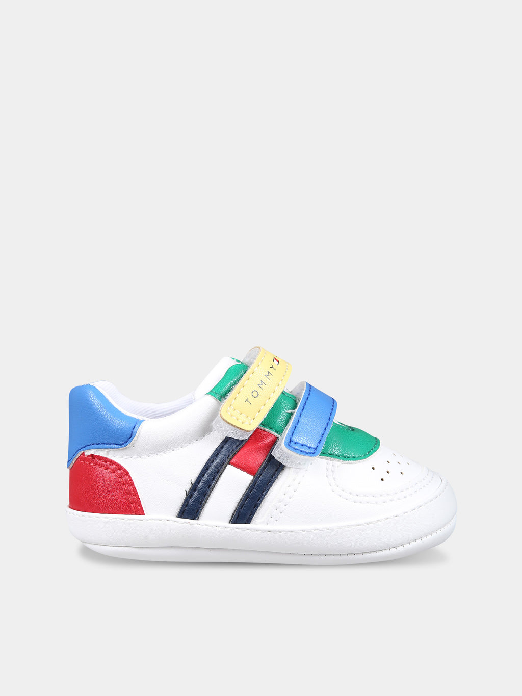 White sneakers for kids with flag and logo